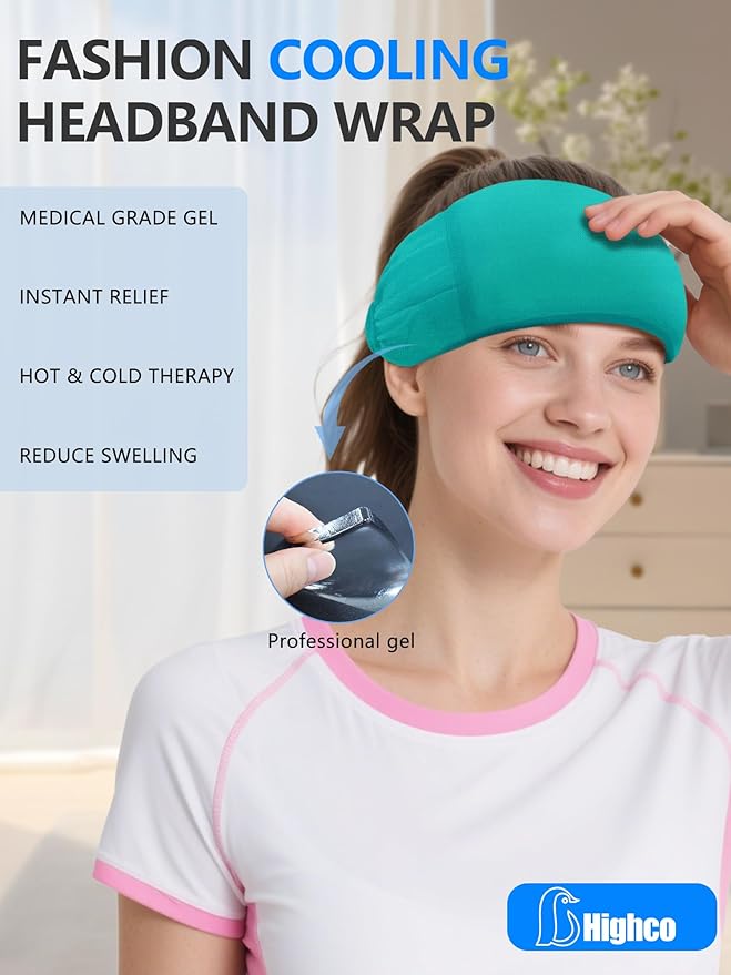 Migraine Relief Cap,Soothing Headache Migraine Hat Ice Head Wrap,Hangover Cap Face Mask Cold Compression for Tension,Puffy Eyes,Stress,Sinus,Ice Blue