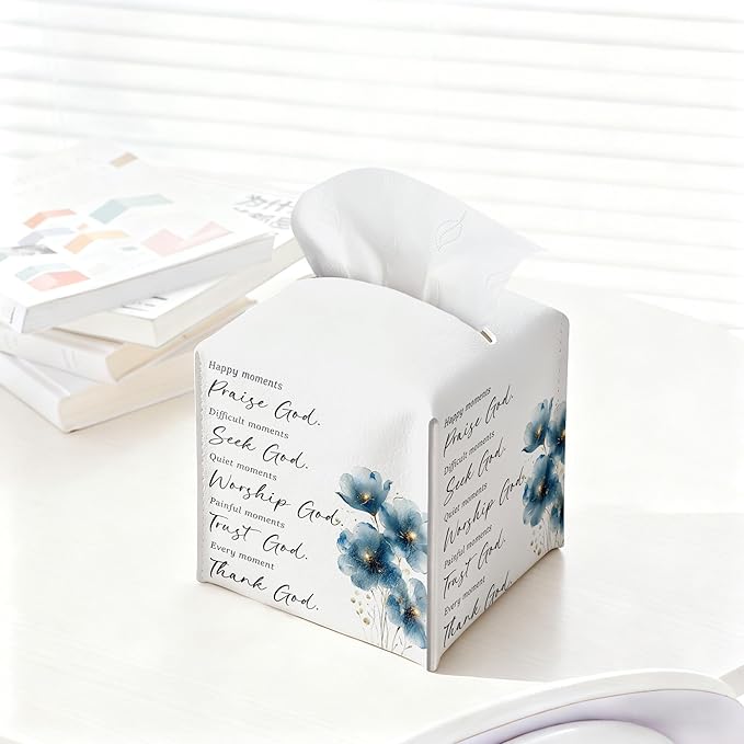 Christian Bible Verses Tissue Box Cover Square, Thank God Waterproof Leather Tissue Box Holder, Blue Flower Stylish Paper Facial Tissue Box Covers Cube for Office Bathroom Home Prayer Room