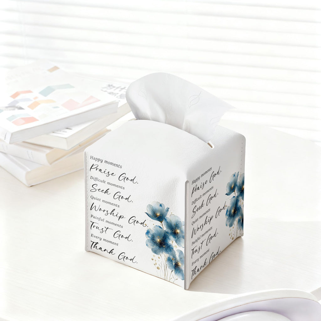 Blue Floral Tissue Box Cover, PU Leather Drawstring Bottom - Thank God, Inspirational Quotes, A Thoughtful Gift for Friends, Colleagues & Christian Loved Ones | Decorative Organizer