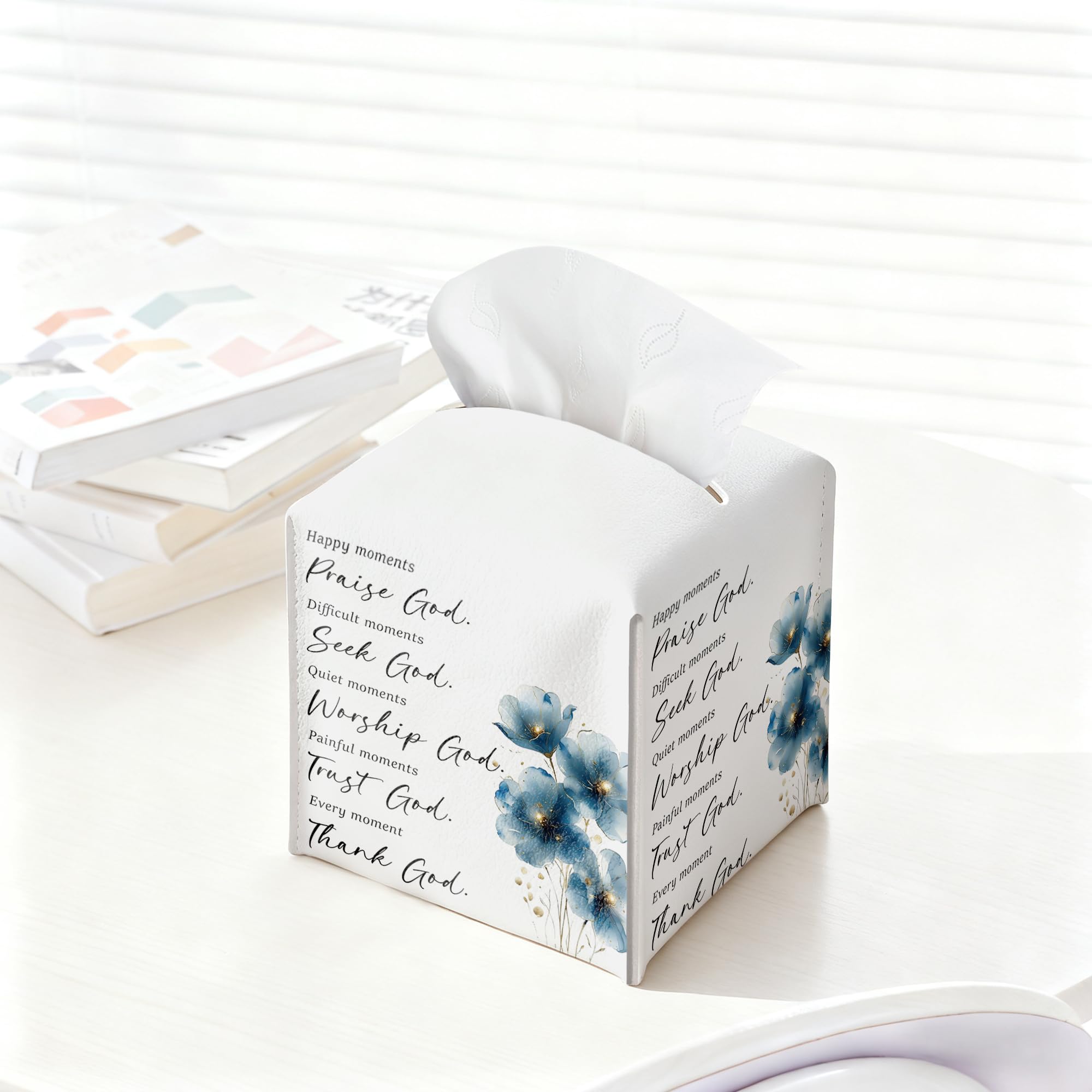 Blue Floral Tissue Box Cover, PU Leather Drawstring Bottom - Thank God, Inspirational Quotes, A Thoughtful Gift for Friends, Colleagues & Christian Loved Ones | Decorative Organizer