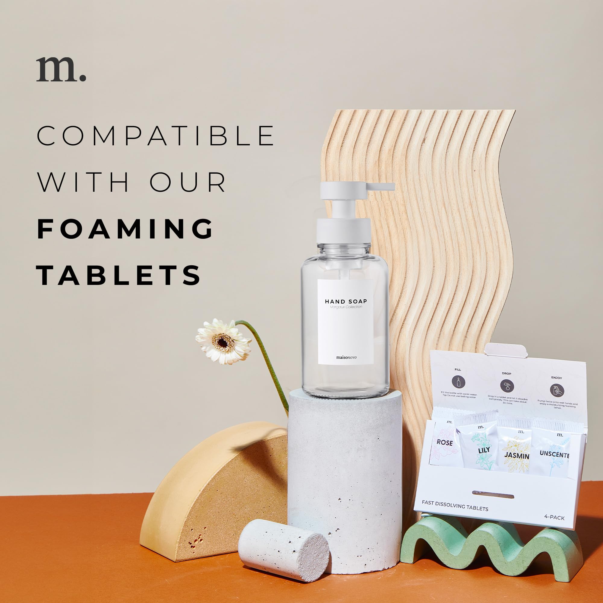 MaisoNovo Glass Foaming Soap Dispenser 14 Oz | Glass Bottles Pumps x 2 Clear with Tray