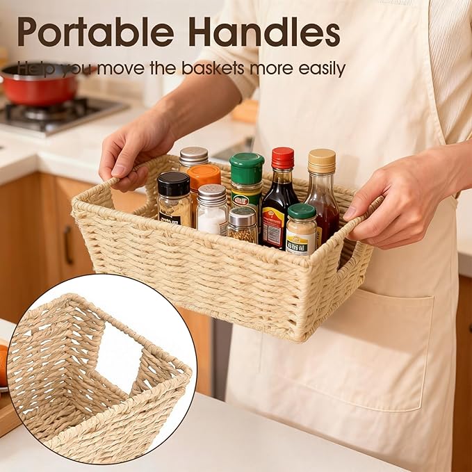 Paper Rope Storage Baskets for Shelves Organizing, Small Hand Woven Wicker Organizer Basket with Handle for Bathroom Toilet Paper Storage, Beige, 3-Pack
