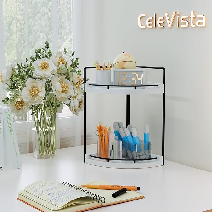CeleVista Corner Bathroom Counter Organizer, 2 Tier Wood Vanity Storage, Waterproof Skincare Shelf for Kitchen & Toiletries Decor, Dresser (White-2 Tier)