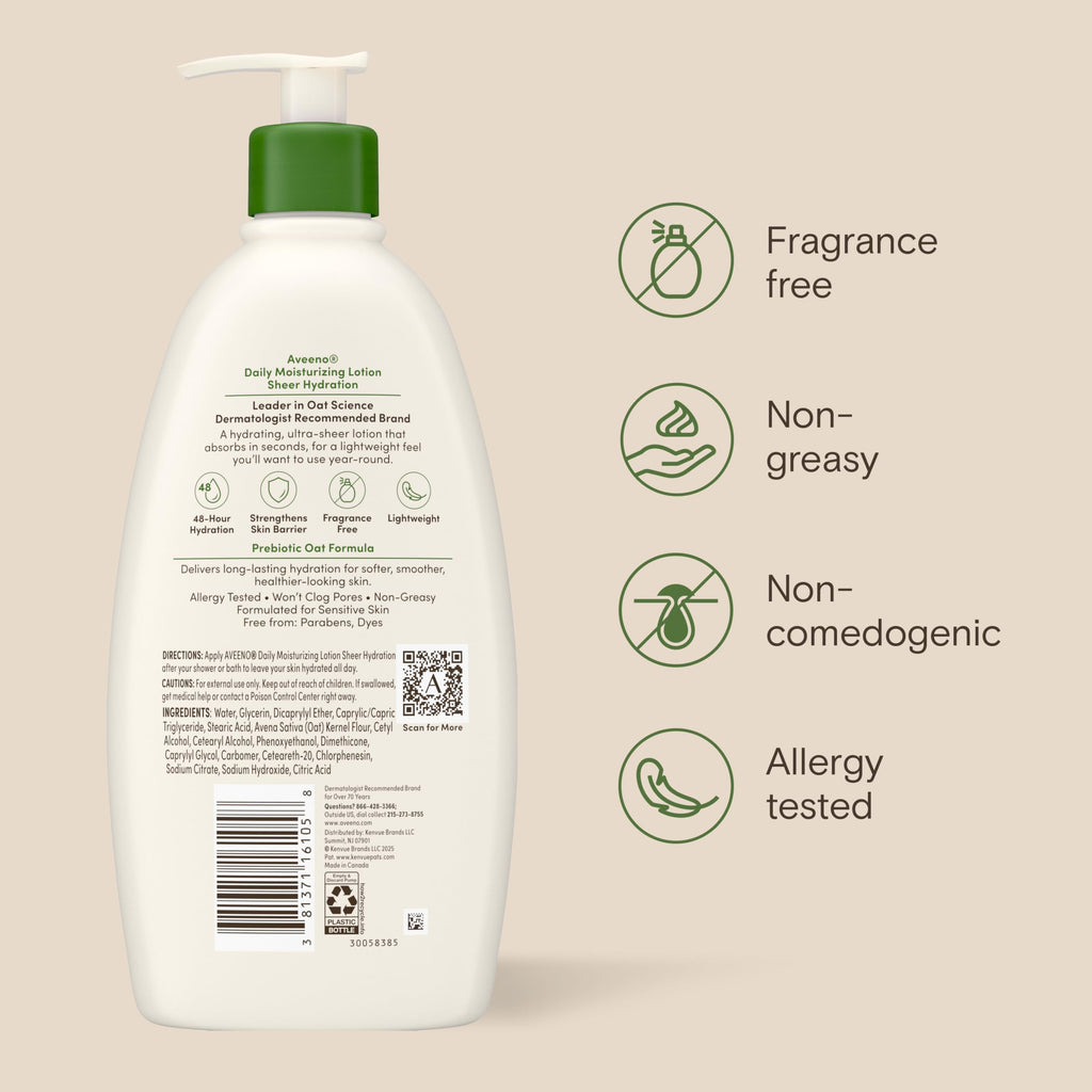 Aveeno Daily Moisturizing Sheer Hydration Fragrance-Free Lotion with Prebiotic Oat for Dry Skin, Lightweight, Non-Greasy and Fast-Absorbing Body Lotion Nourishes Skin with 48-Hour Moisture, 18 Fl Oz