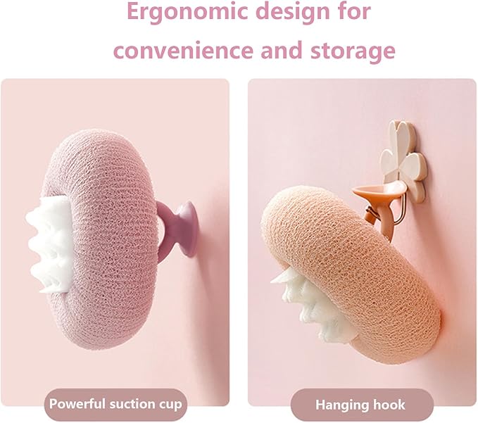 4Pcs Bath Sponge Shower Loofah, Exfoliating Body Scrubber, Upgrade Large 2-in-1 Sunflower Bath Ball with Suction Cup Non-Slip Handle, Bath Sponges for Men Women(Blue&Purple&Pink&Beige)