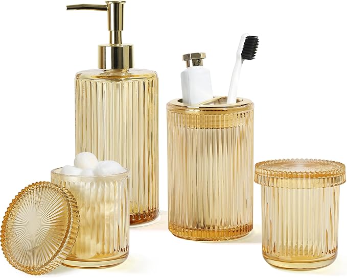 KASUNTING Matte Black Bathroom Accessories Set, 4 Pcs Glass Bathroom Accessory Set, Soap Dispenser, Toothbrush Holder, Qtip Holder Set, Bathroom Sets Complete, Bathroom Sink Set for Modern Home Decor