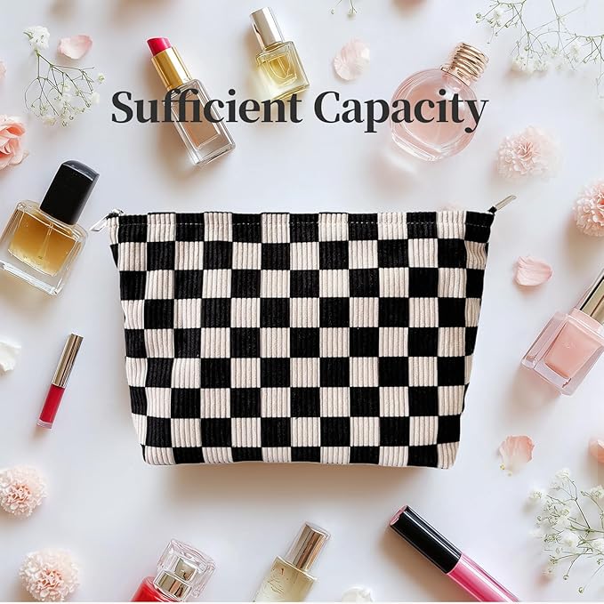 itgowisa Black and White Checkerboard Makeup Bag, Travel Makeup Pouch Purse