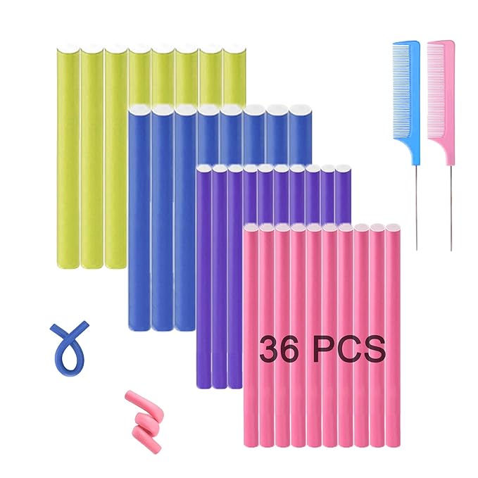 Beyoslf 36Pcs Flexible Hair Rollers and Curlers Set - 7" 0.63" & 0.47" Bendable Soft Foam Rods for Heatless Curling Short & Long Hair