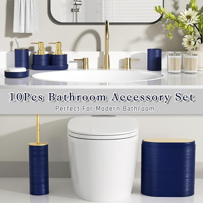 InnJoey Bathroom Set, 10PC Bathroom Accessory Set, Blue Bathroom Accessories, Navy Blue and Gold Bathroom Set with Trash Can, Soap Dispensers