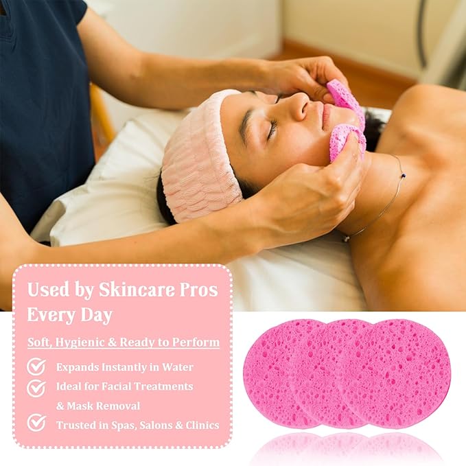 100-Count Facial Sponges Compressed Natural Cellulose Sponge Round Shape Face Sponge for Face Cleansing Exfoliating and Makeup Removal, Pink