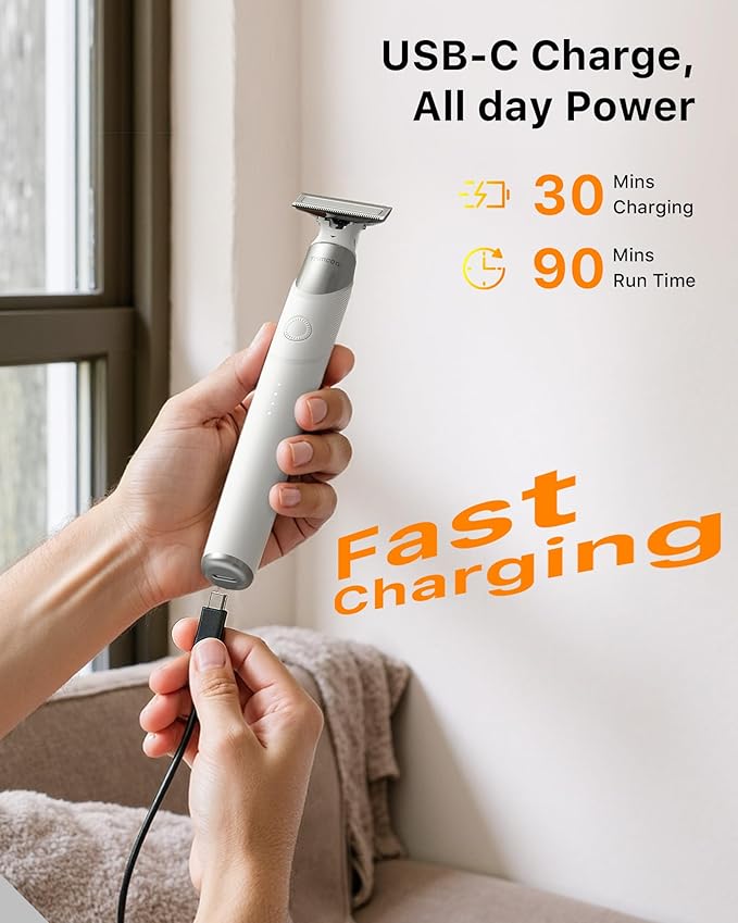 Trimcoo New 2 in 1 Body & Nose Hair Trimmer - Electric Beard Razor for Men, All-in-One Groomer with Magnetic Nose Hair Head, Waterproof Wet/Dry Use, Groin/Ball Shaver, USB-C Fast Charging,White(Solo)