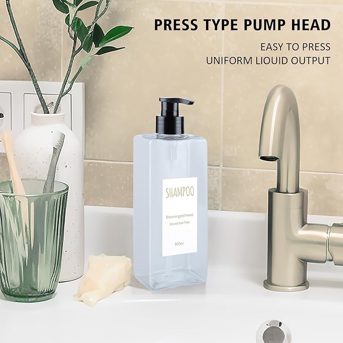 DEROANBOTT Shampoo and Conditioner Dispenser (Set of 2, 16.9oz) Modern Refillable Shampoo Pump Bottles for Shower Soap - Empty Body Wash Dispenser Set for Bathroom (Transparent)