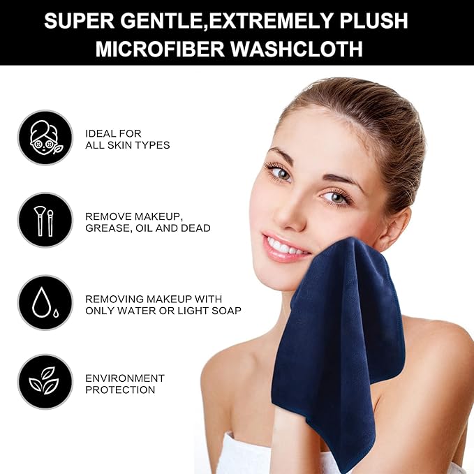SINLAND Microfiber Facial Cloths Fast Drying Washcloth 12inch x 12inch (Pack of 10, Navy Blue)