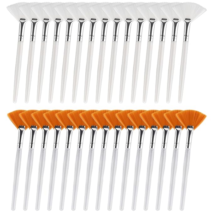 Yitexin 30 Pieces Soft Fan Brush for Facial Esthetician, Flat Head Fan Makeup Brush, Cosmetic Face Applicator Tool for Mud Cream Makeup Peel Women (White & Yellow)