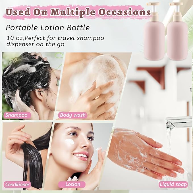 DMuuuDM 6 Pcs 10 oz Soft Plastic Bottles with Press Pump,Empty Refillable Travel Shampoo Dispenser Container for Hand Soap,Shampoo,Lotion,Body Wash,Conditioner,Silicone Funnel Included (Pink)