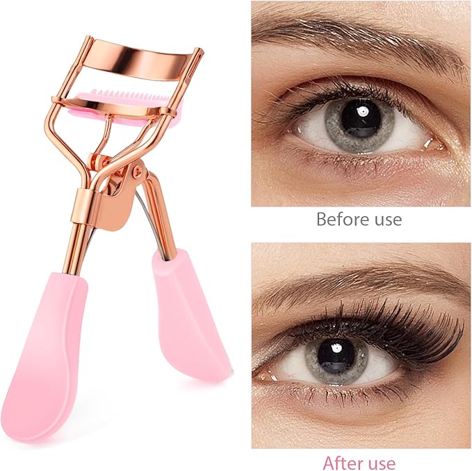 Beauty Eyelash Curler Stainless Steel Eye Lash Curler with 10 Silicone Refill Pads Professional Makeup Tool with Built-in Comb for Women Girls Any Eye Shapes
