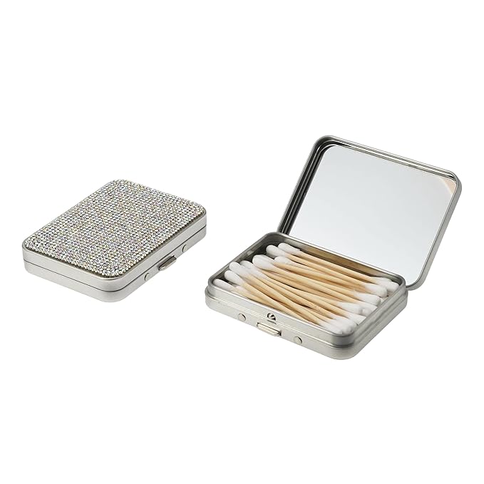 LIGHUFEIC Bling Cotton Swab Holder for Travel,2PCS Portable Floss Pick Holder Case with Mirror,Storage Box for Cotton Swabs, Dental Floss, Hair Ties, and Small Essentials(Silver)