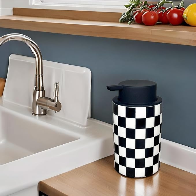 Foaming Soap Dispenser, Foam Hand Soap Dispenser for Bathroom Countertop, Modern Black and White Foamy Hand Soap Refills Bottle for Kitchen,Bathroom-Checkered Bathroom Decor