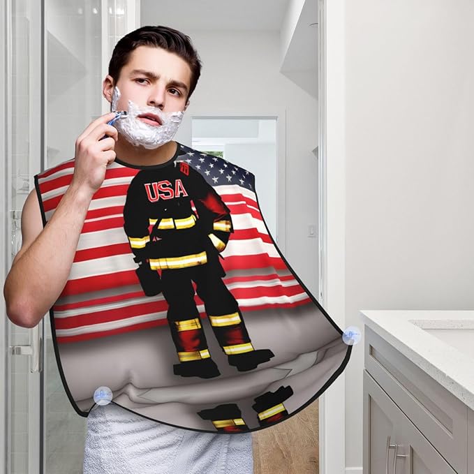 Red Stripe Firefighter Usa Flag Print Beard Bib Shaving Apron, Beard Hair Trimming Cape Gift For Dad