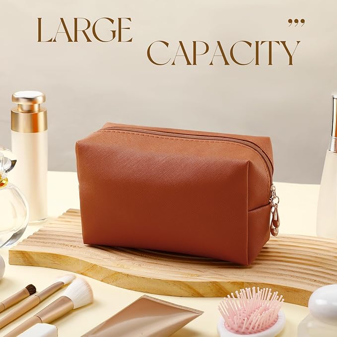 Kigeli Aesthetic Makeup Bags PU Leather Cosmetic Pouches Waterproof Plain Toiletry Bags Makeup Pouches Bulk for Women Party Gift Travel Storage Organizer(Orange Brown,7.1 x 2.8 x 4.3 in)
