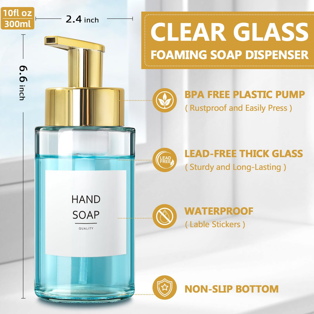 RYTOXILO Foaming Soap Dispenser, 10 oz/300ml Gold Soap Dispenser, 2 Pack Glass Foaming Hand Dispenser for Bathroom & Kitchen, Clear Refillable Foam Bottle with Waterproof Labels