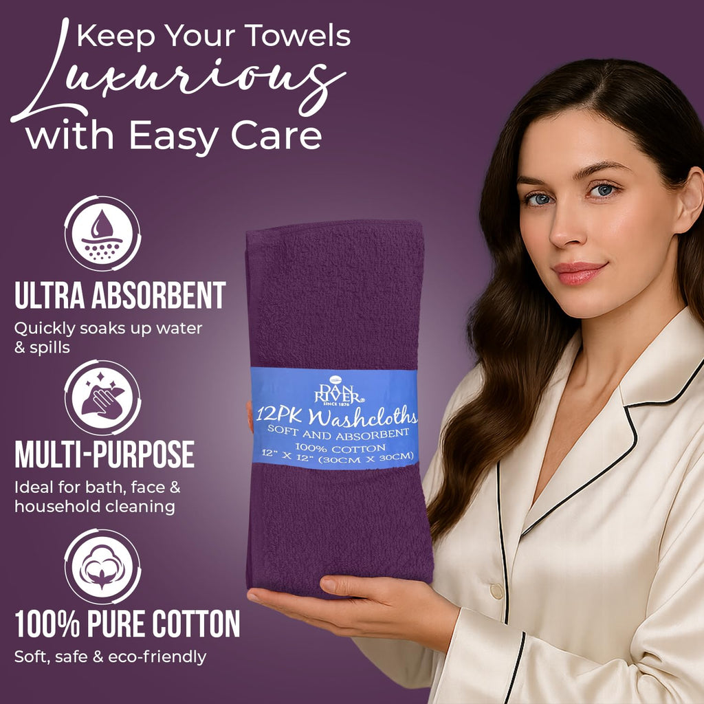 DAN RIVER 12 Pack Cotton Wash Cloths Set for Showering [12x12] Purple