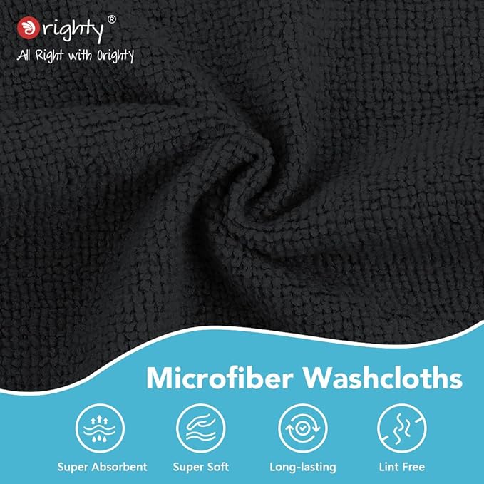 Orighty Washcloths, 20 Pack Microfiber Face Towels, Highly Absorbent and Soft Feel Wash Cloths & Hand Towels for Bathroom, Hotel, Spa, and Gym, 11.5x11.5 Inch, Black