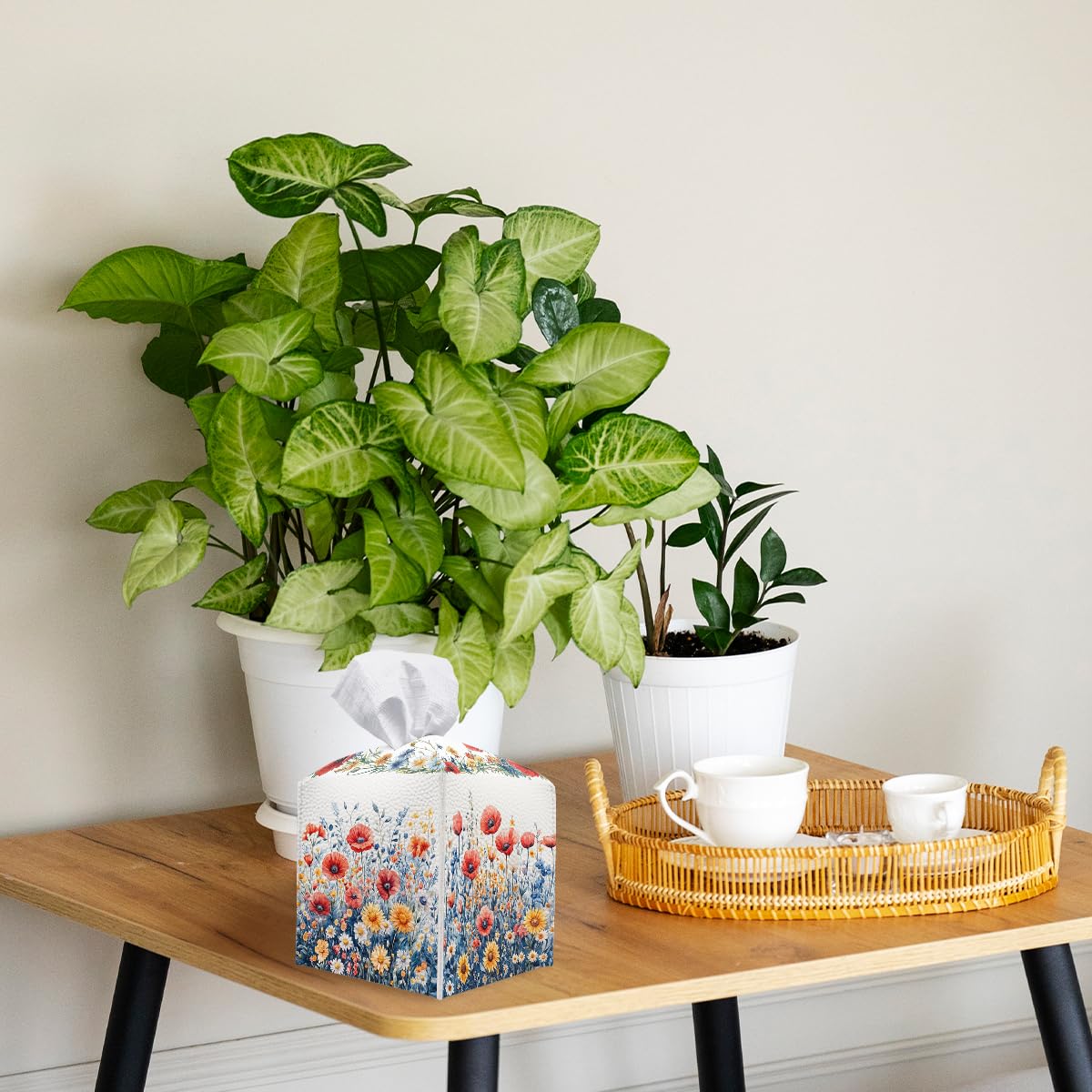 Flower Tissue Box Cover Red Poppy Daisy Wild Garden Watercolor Leather Tissue Box Holder Square Facial Paper Organizer Dispenser for Bathroom Kitchen Bedroom Vanity Countertop Night Stands