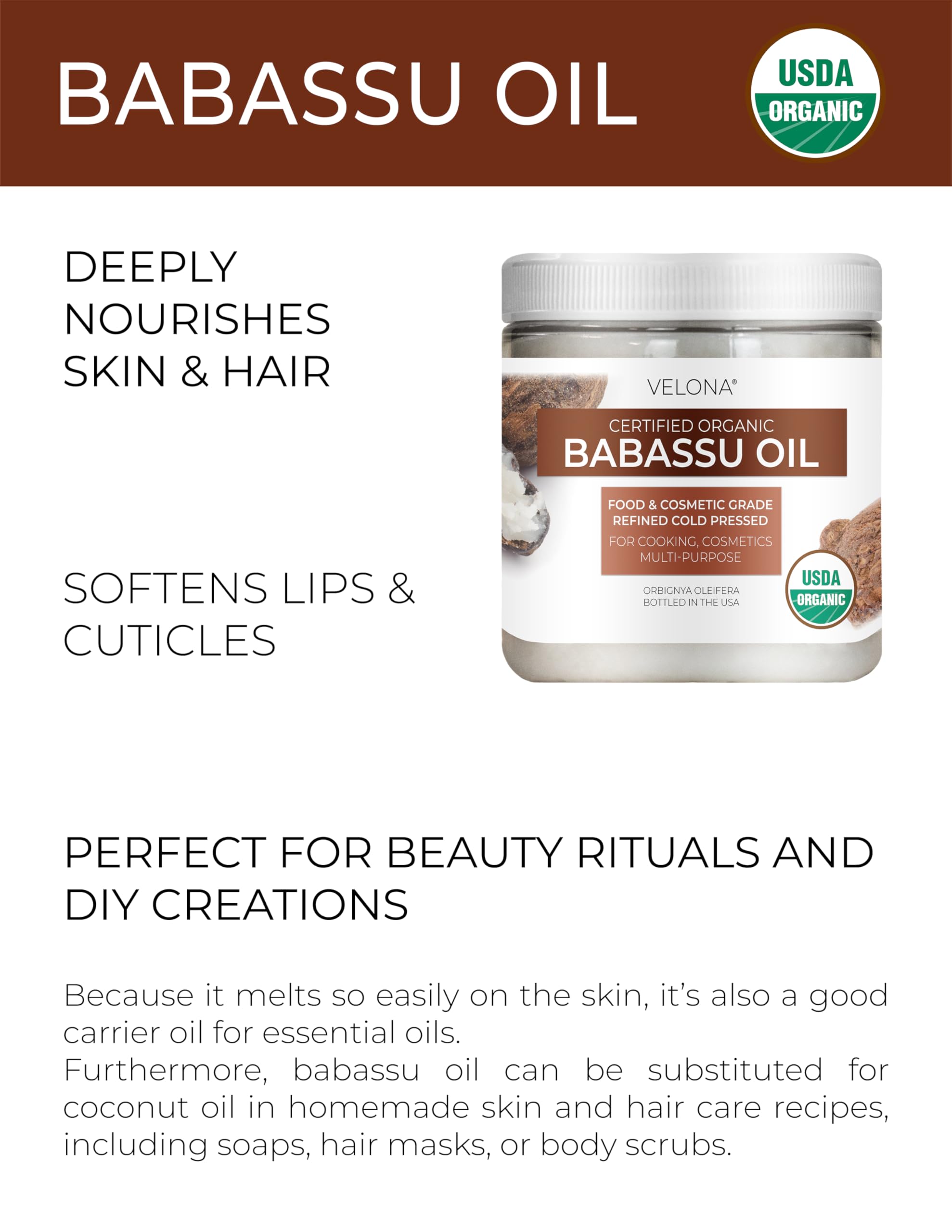 velona Babassu Oil USDA Certified Organic - 16 Fl Oz | 100% Pure and Natural Carrier Oil | Refined, Cold Pressed | Face, Hair, Body & Skin Care and Cooking | Use Today - Enjoy Results