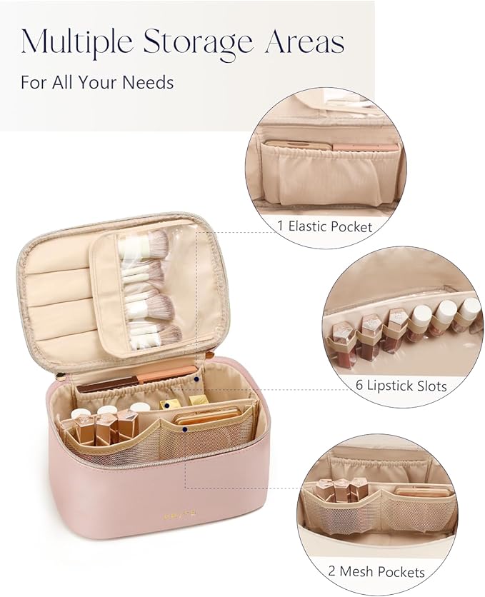 Prite Makeup Bag, Large Capacity Cosmetic Bag for Women and Girls, Waterproof PU Leather Travel Makeup Case, Toiletry Organizer with Handle and Divider for Skincare and Brushes - Pearl Pink