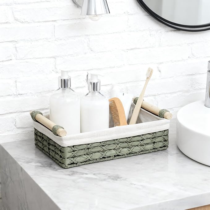 Baskets for Organizing, Set of 2 Green Wicker Bathroom Countertop Baskets with Liner, Paper Rope Basket Organizer with Wooden Handles for Vanity, Counter, Shelf Storage