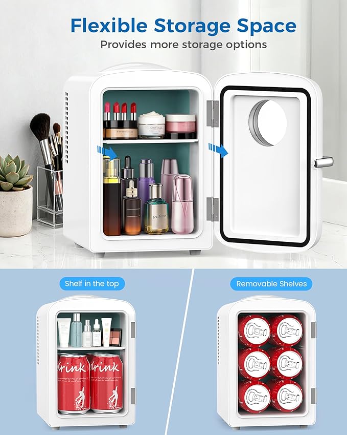 Electactic Mini Fridge for Skincare, 4L/6 Cans Small Cosmetic Fridge for Makeup & Drink, With Observation Window, Portable Desk Fridge Cooler and Warmer for Kids, Bedroom, Countertop, White