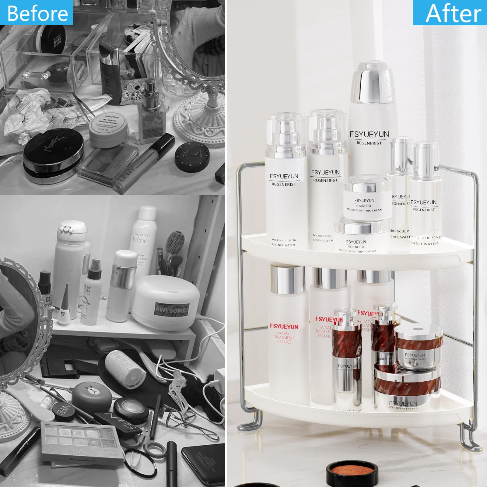 FSyueyun 2-Tier Corner Bathroom Counter Organizer, Tool-Less Installation Vanity Shelf Small Plastics Countertop Makeup Tray Skincare Perfume Organizers (Silver)