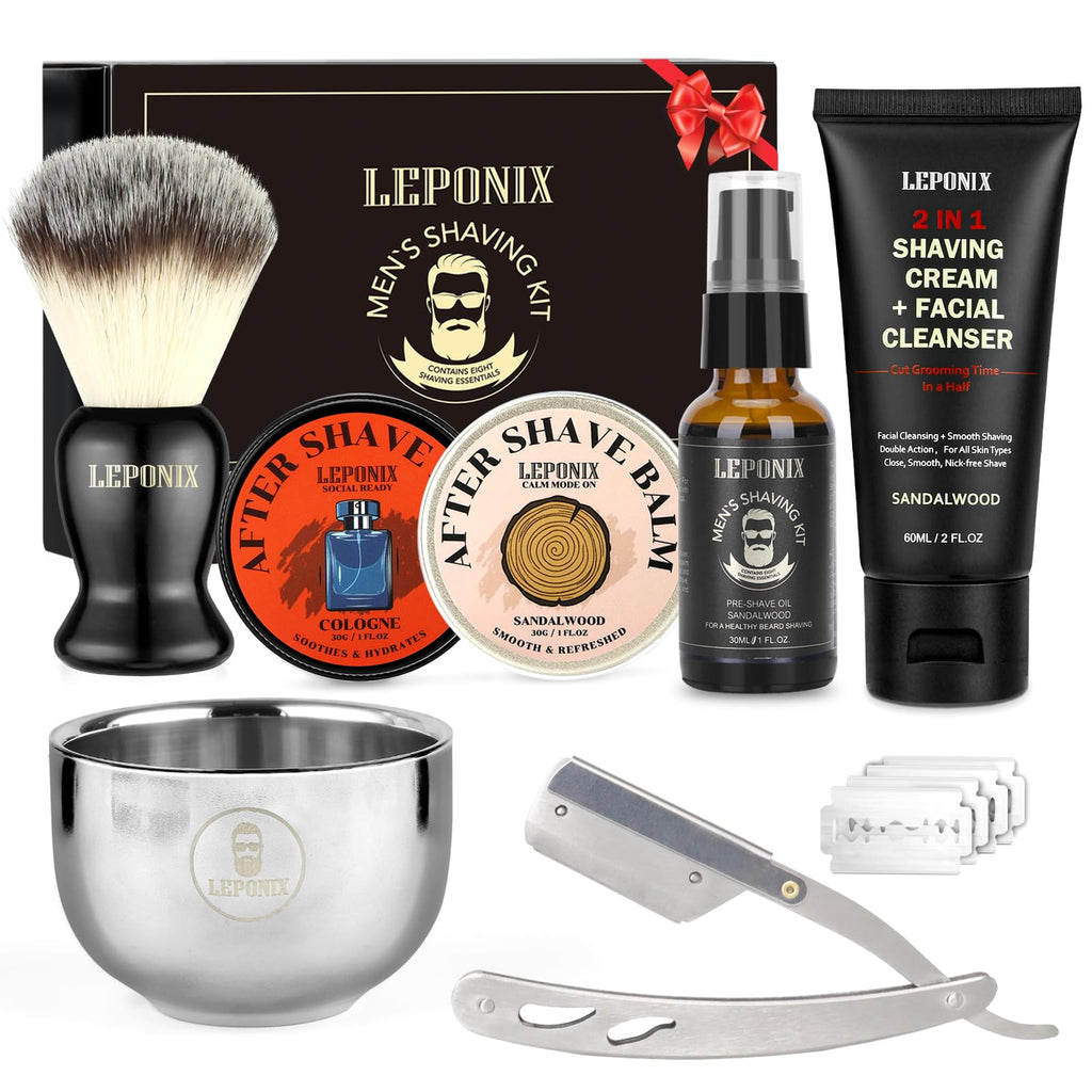 LEPONIX Shaving Kit for Men with Straight Razor Shaving Brush and Bowl