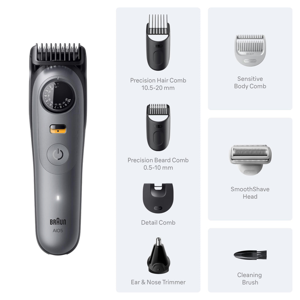Braun Series 5 All-in-One Beard & Body Grooming Kit for Men, Cordless Trimmer, Hair Clippers & Shaver for Face, Hair & Body with Smooth Shave Head, AIO 5510