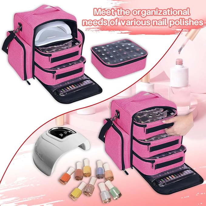 UOZL Nail Polish Organizer Case Hold 90 Bottles with 3 Detachable Bag,Red