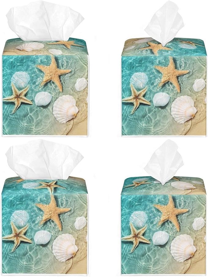 Sea Shell Tissue Box Cover Leather Tissue Box Holder Square Facial Paper Organizer Dispenser for Bathroom Kitchen Bedroom Vanity Countertop Night Stands