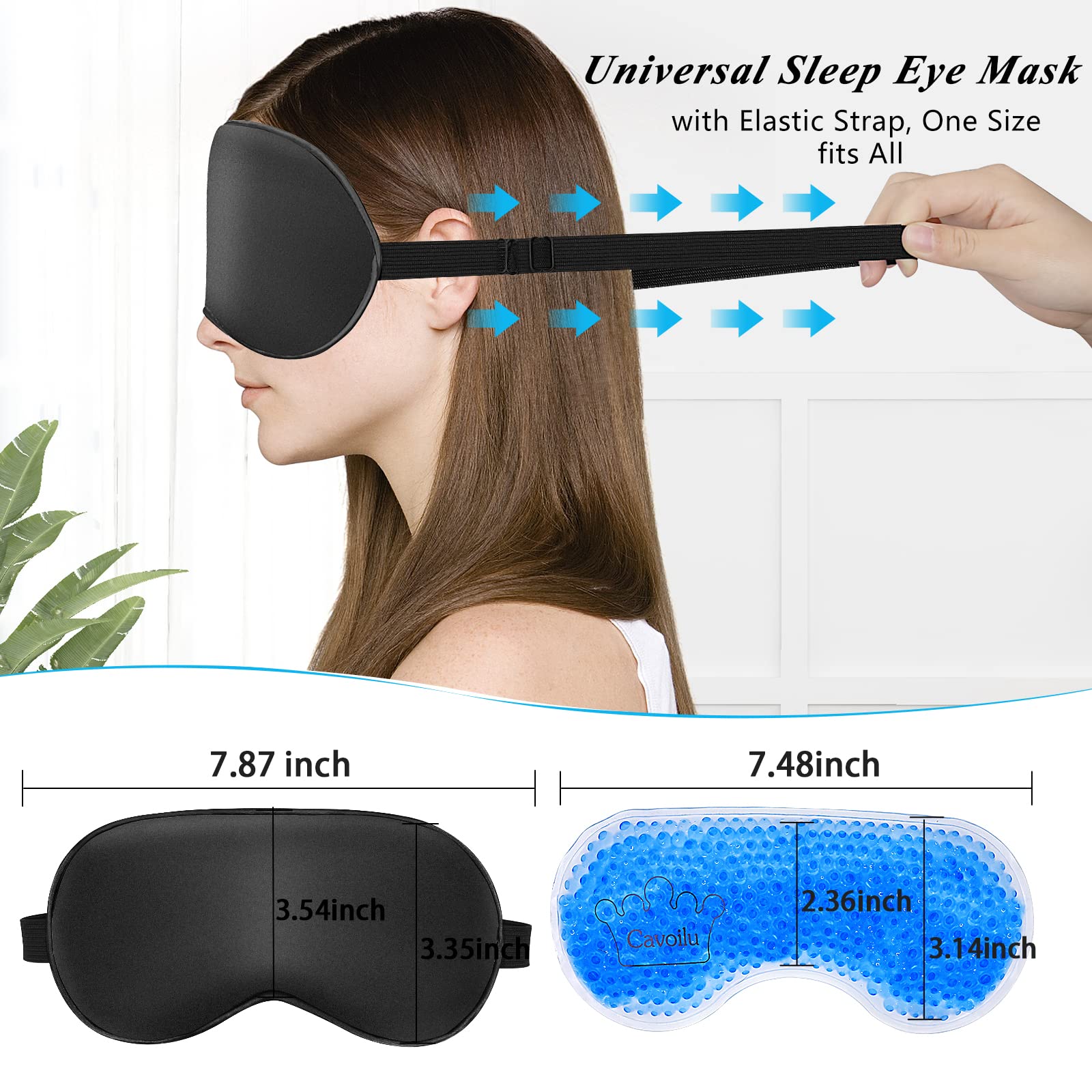 Cavoilu Silk Sleep Mask with Cooling Gel Eye Mask, Warm and Cold Compress, Heated Eye Mask for Tired Eyes, Stain Eye Cover Sleeping Mask for Travel, Home, Office, Yoga, Total Blackout (Black)