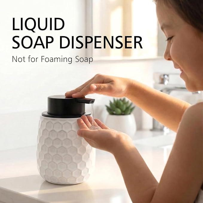 Soap Dispenser, 12 OZ Ceramic Liquid White Hand Soap Dispenser with Honeycomb Design for Kitchen or Bathroom, Refillable Dish Lotion Dispenser, ANTIS'S HOME