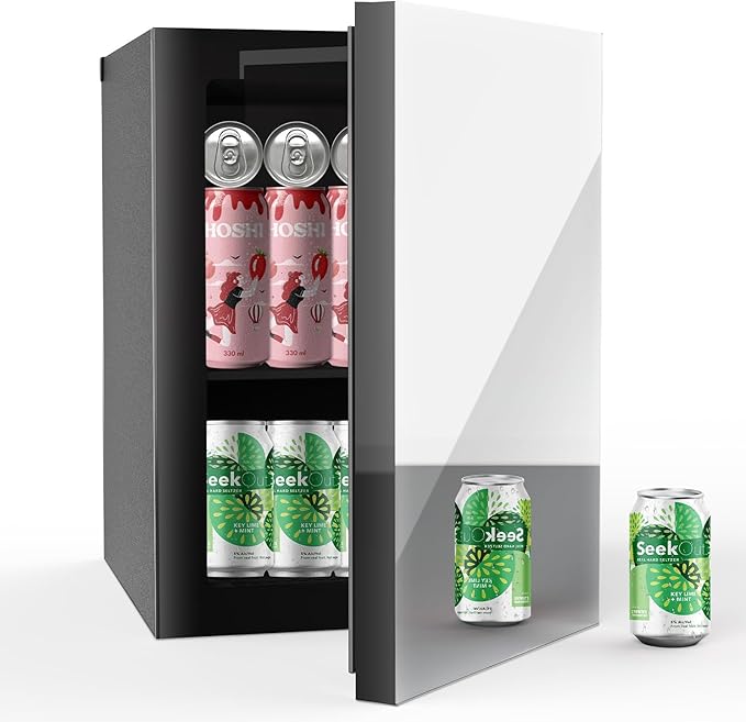 Erivess Compact Beverage Refrigerator,24 Can/0.95 Cubic Feet Fridge with Mirrored Front Door for Soda, Beer or Wine, Under Counter Small Refrigerator with Adjustable Shelve