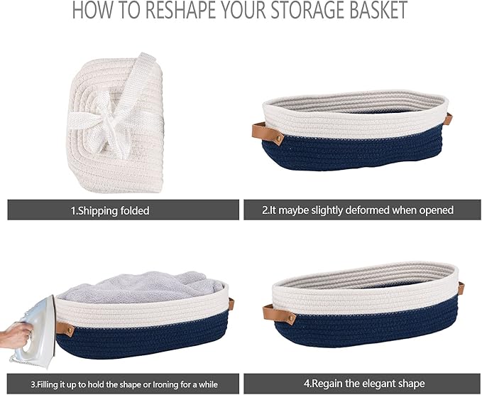 Oradrem Toilet Basket,Woven Storage Basket for Toilet Tank Top Farmhouse Home Decor Organizing Baskets 13"x5.9"x4" Navy Stitching White
