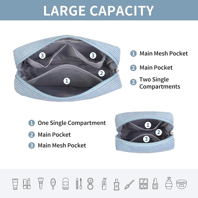 MAGEFY Small Makeup Bag Mini Make up Pouch Cute Cosmetic Bag for Women Travel Purse Essentials Bags with Slip-in Pockets (Blue)