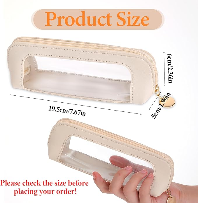 Psyqtsuary Small Clear Makeup Bag, PU Leather Travel Makeup Brush Case Portable Transparent Waterproof Cosmetic Organizer Pouch with Zipper for Women Home Travel Office Cosmetic Storage (Beige)