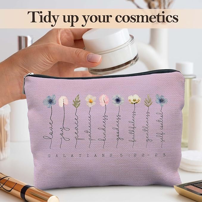 Likjad Christian Gifts Makeup Bag, Floral Christian Cosmetic Bags for Women, Galatians 5:22-23 Bible Verse Makeup Pouch, Faith Based Gifts Zipper Pouch（purple