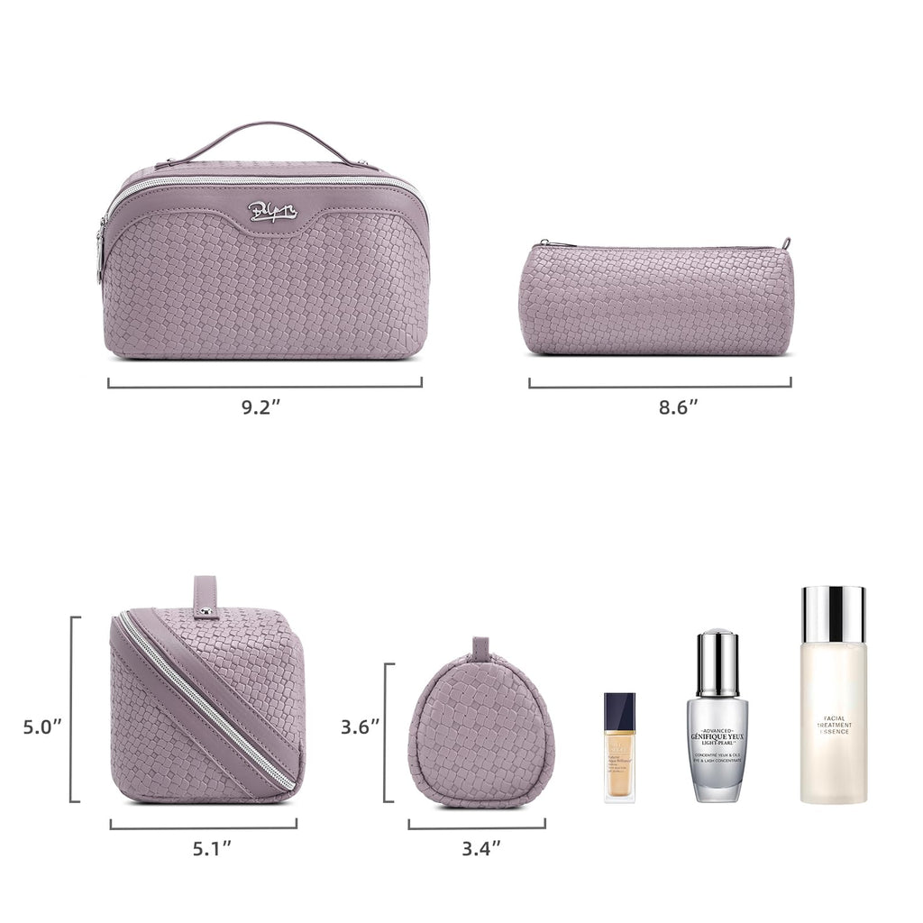 BOYATU Travel Makeup Bag Cosmetic Bags for Women: Large Capacity 3 Pcs Set Make up Bag with Compartments - Waterproof Vegan Leather Toiletry Organizer Bags with Handle (L55Light Purple)