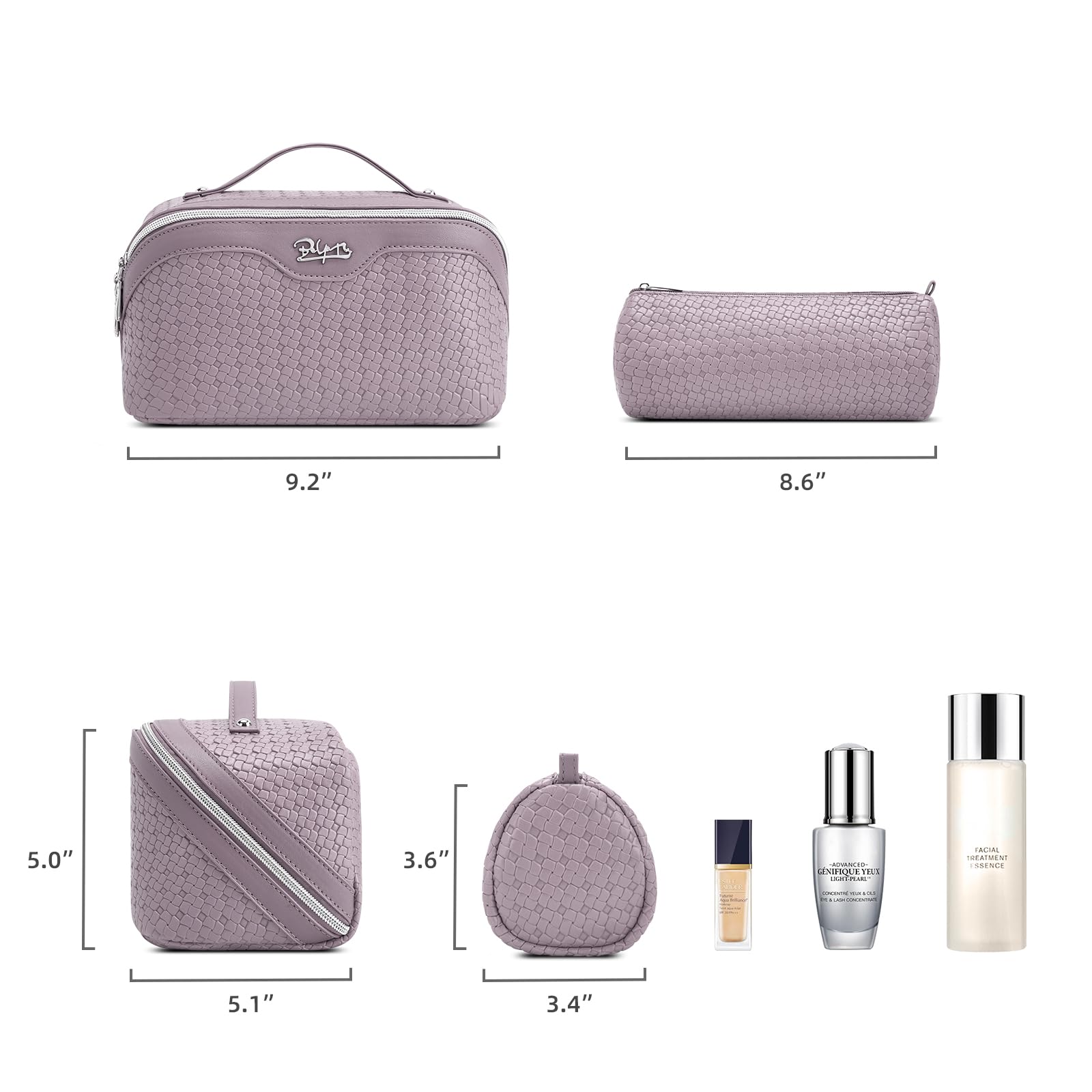 BOYATU Travel Makeup Bag Cosmetic Bags for Women: Large Capacity 3 Pcs Set Make up Bag with Compartments - Waterproof Vegan Leather Toiletry Organizer Bags with Handle (L55Light Purple)