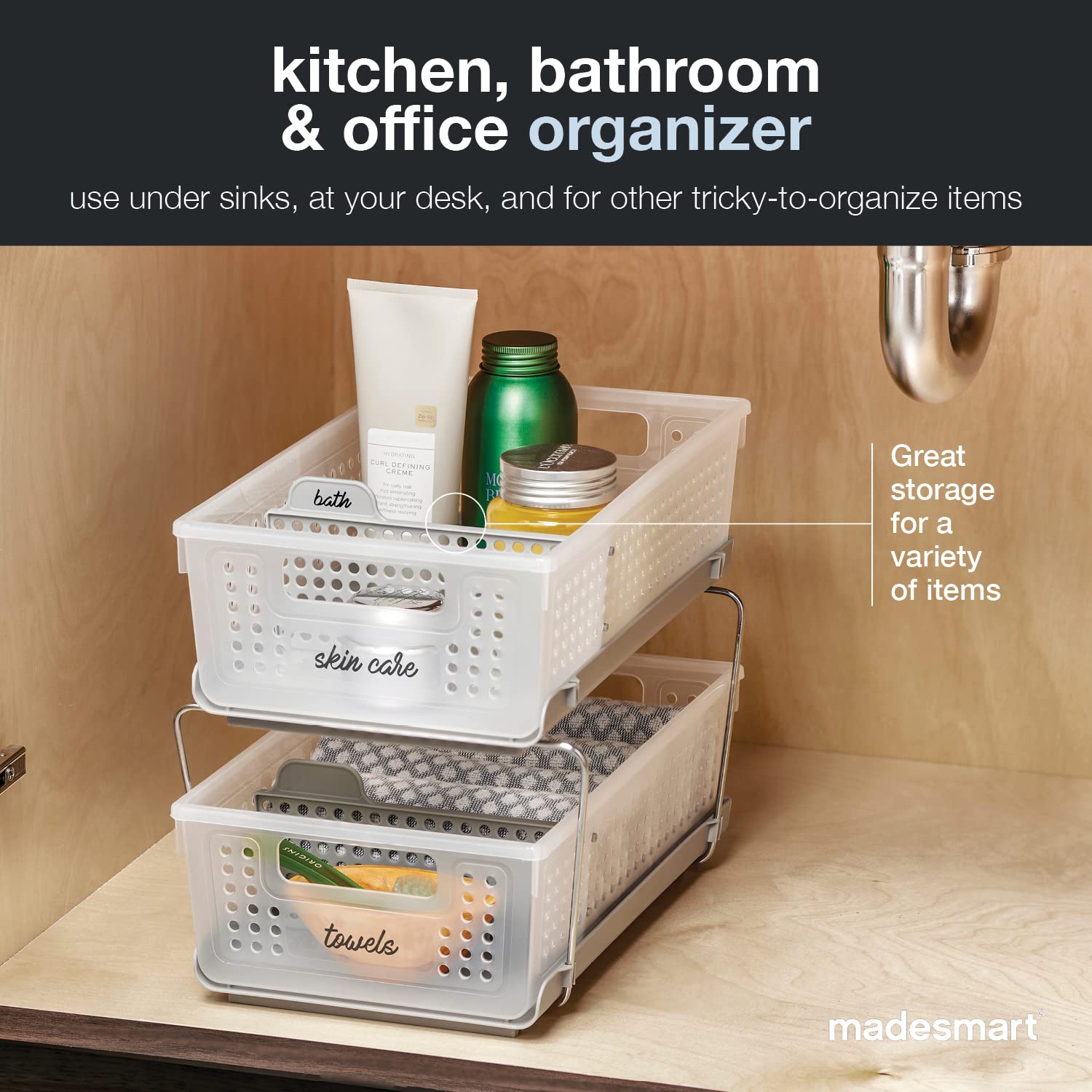 madesmart Two Tier Organizer with Dividers, Frost