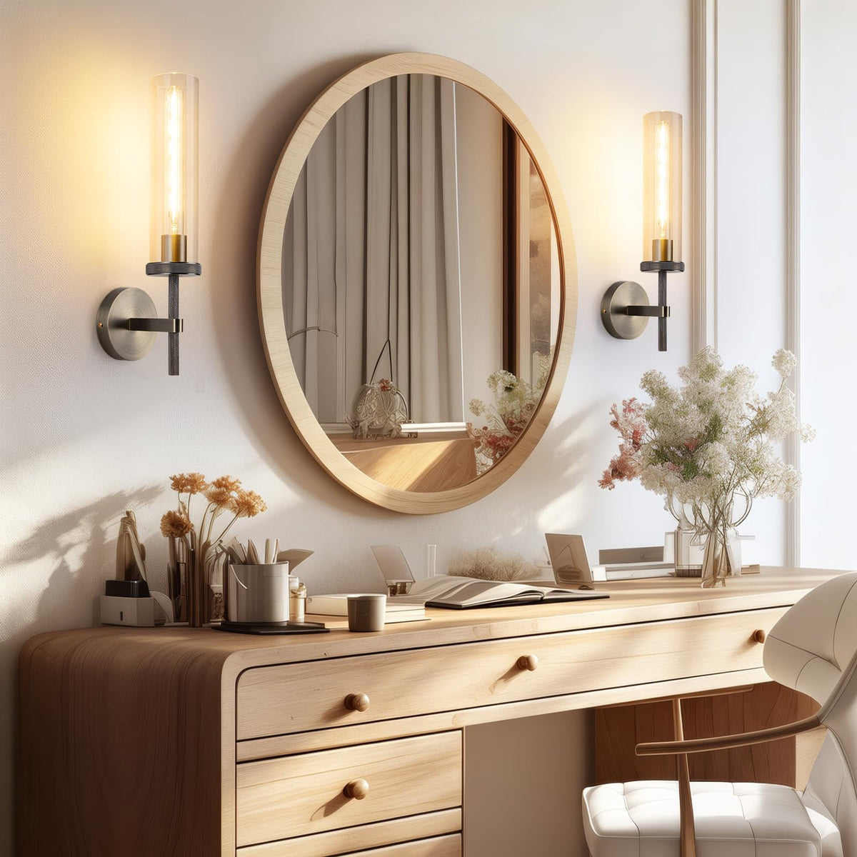 Micstar 19.5" Knurled Bronze Wall Sconces Set of 2, Bathroom Vanity Light Fixtures with Clear Glass Tube, Modern Lamp Lighting for Bedroom, Living Room, Hallway, Staircase, Mirror, Kitchen