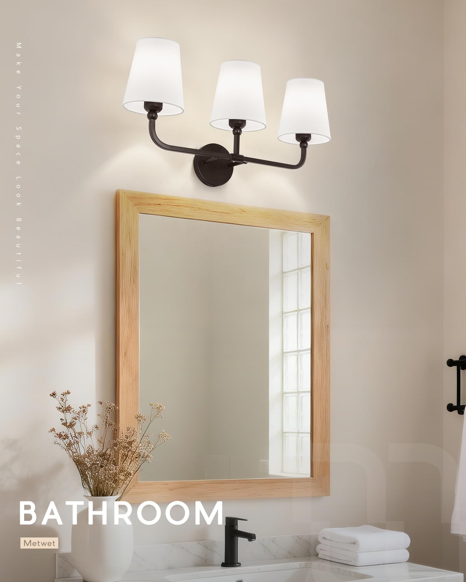METWET 3-Light Oil Rubbed Bronze Bathroom Vanity Light, White Fabric