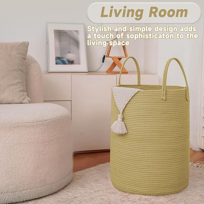 JMvicyroam Large Woven Laundry Basket Hamper,100L Cotton Rope Storage Bin for Blankets,Toys and Clothes,Decorative Tall Nursery Hamper for Living Room,Baby Nursery,Bathroom and Bedroom,Jute